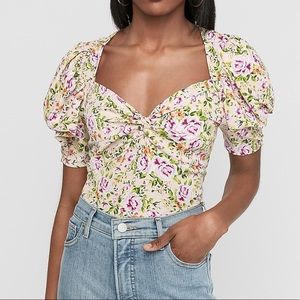 Floral Print Front Twist Puff Sleeve Blouse